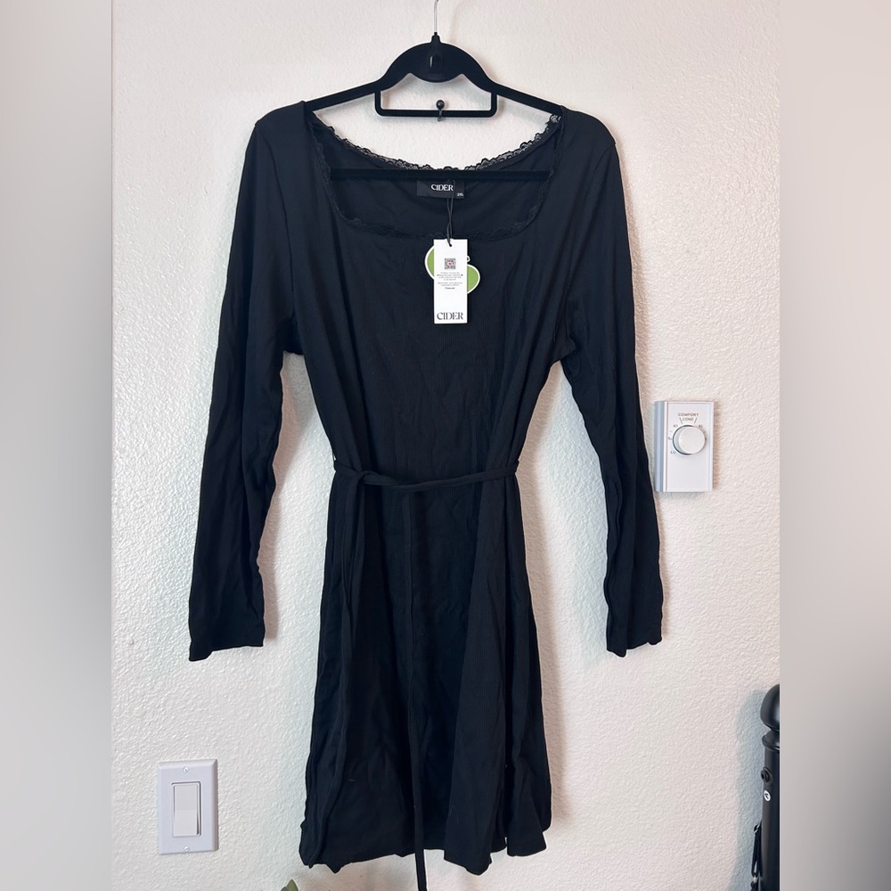 Ribbed long sleeve Black lace mini Dress.